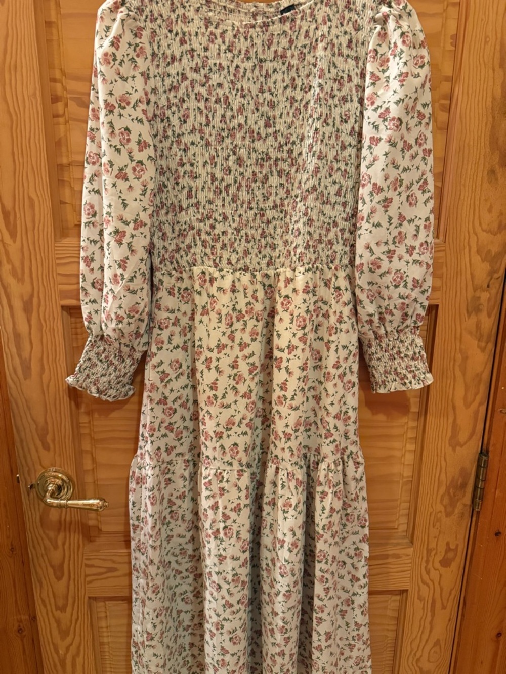 Floral Smocked Midi Dress in Cream and Pink